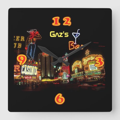 Neon Vegas Home Bar Personalized Square Wall Clock