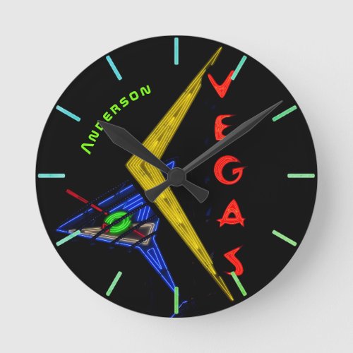 Neon Vegas Nevada Cocktail Personalized Wall Round Clock