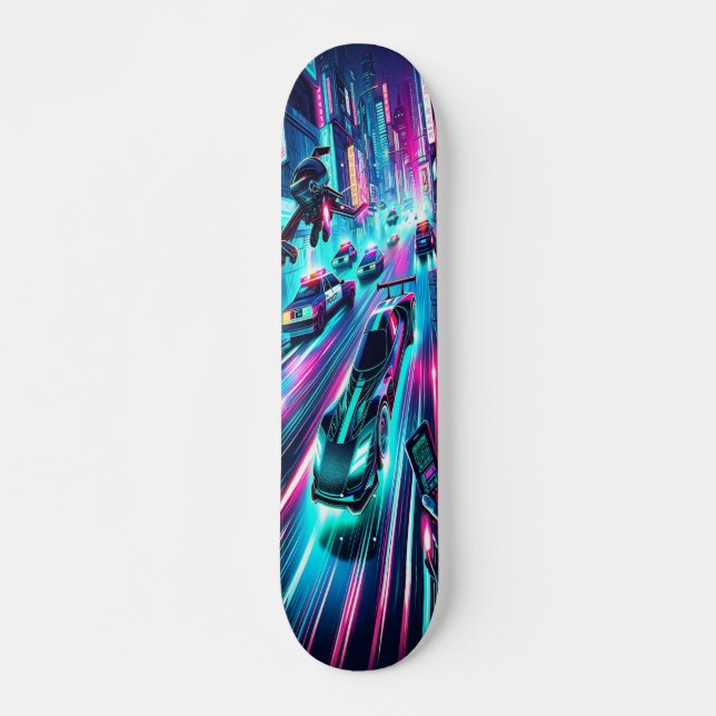 "Neon Velocity: Cyberpunk Chase  Skateboard (Front)