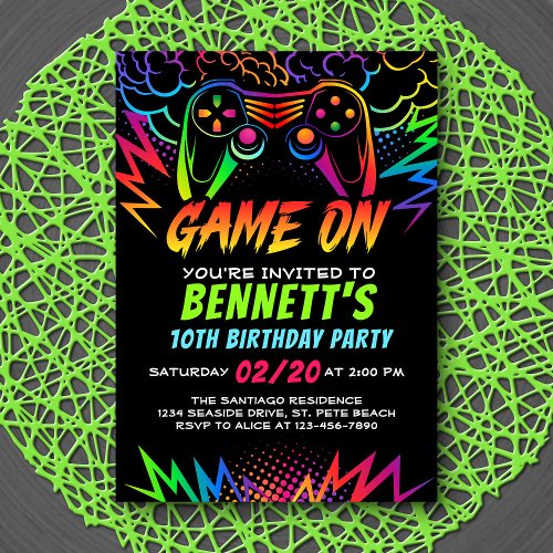 Neon Video Game Controller Birthday Invitation