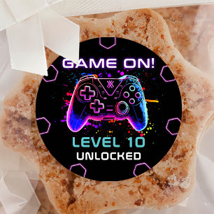 Neon Video Game Level Up Birthday Classic Round Sticker