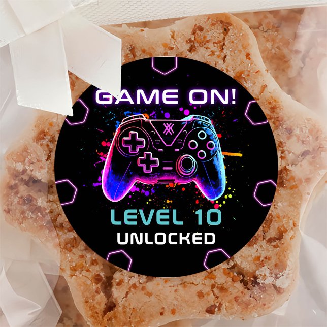 Neon Video Game Level Up Birthday Classic Round Sticker (Creator Uploaded)