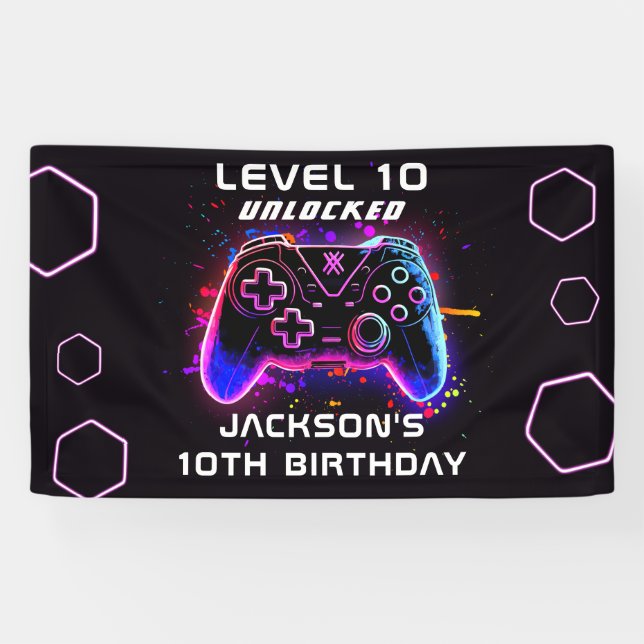 Neon Video Game Party Kids Birthday Gamer Banner (Horizontal)