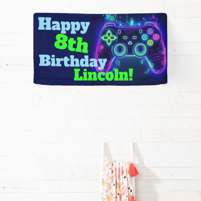 Neon Video Gamer Arcade Gaming Happy Birthday Banner (Insitu)