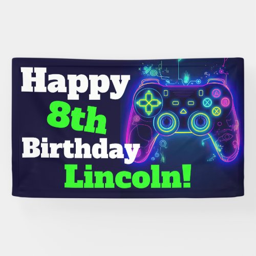 Neon Video Gamer Arcade Gaming Happy Birthday Banner