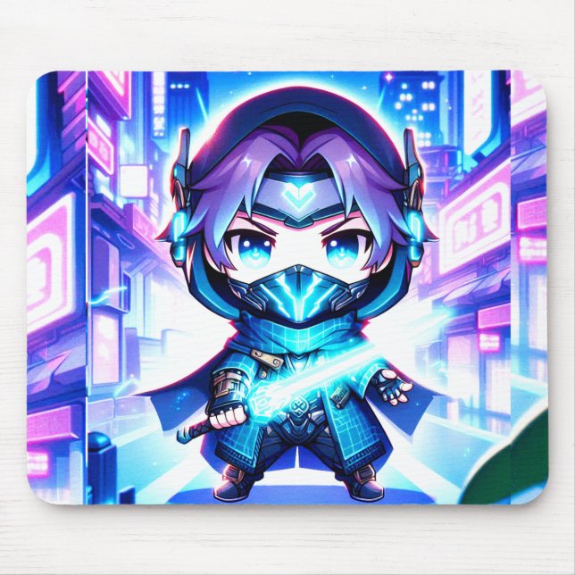 Neon Warrior – Chibi Cyber Ninja Mousepad  (Front)
