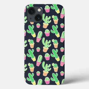 Neon Watercolor Cacti in Pots Pattern iPhone 13 Case