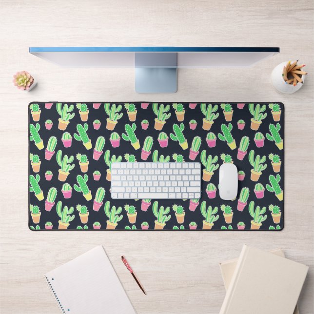 Neon Watercolor Cacti in Pots Pattern Desk Mat (Office 1)