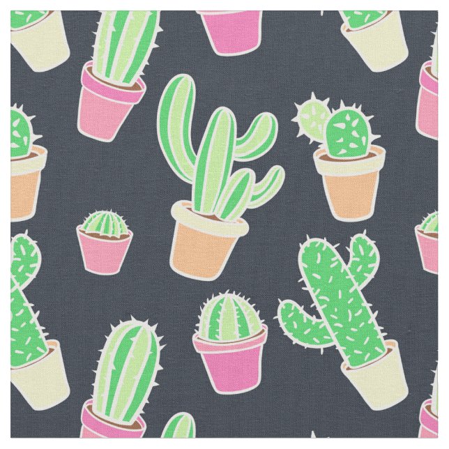 Neon Watercolor Cacti in Pots Pattern Fabric (Close Up)
