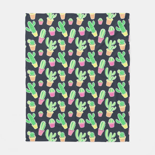 Neon Watercolor Cacti in Pots Pattern Fleece Blanket (Front)