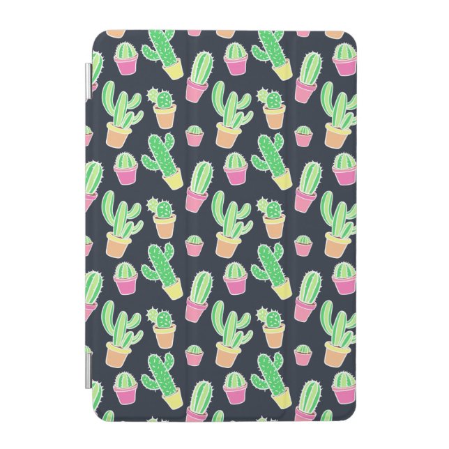Neon Watercolor Cacti in Pots Pattern iPad Mini Cover (Front)