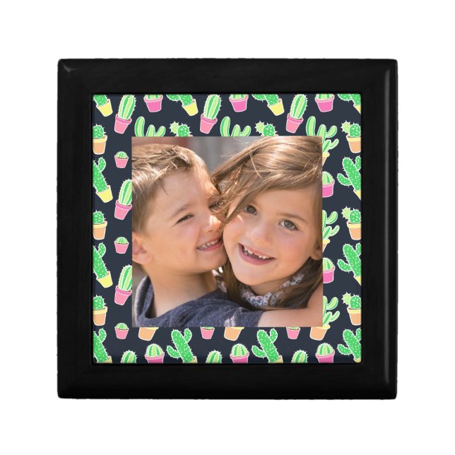 Neon Watercolor Cacti in Pots Pattern Jewelry Box (Front)