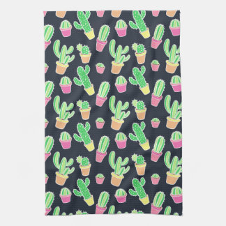 Neon Watercolor Cacti in Pots Pattern Kitchen Towel