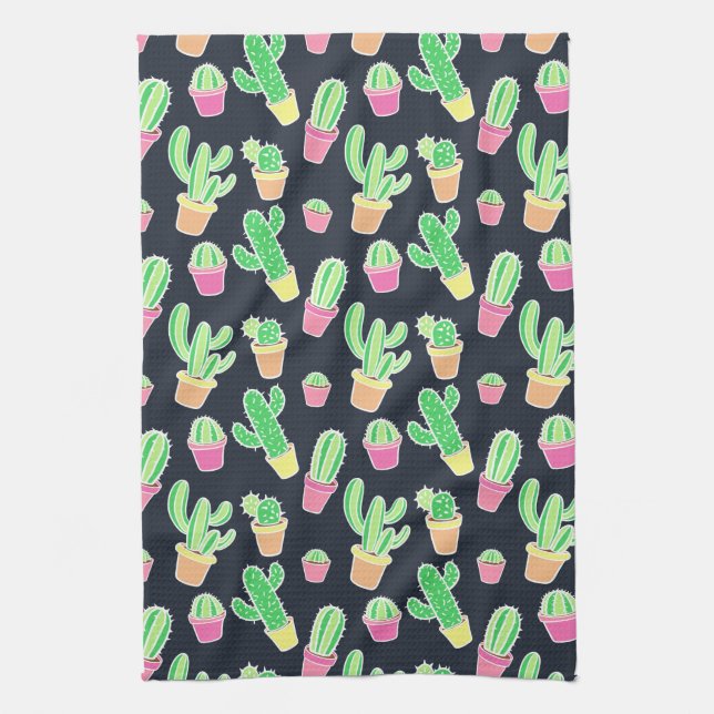 Neon Watercolor Cacti in Pots Pattern Kitchen Towel (Vertical)