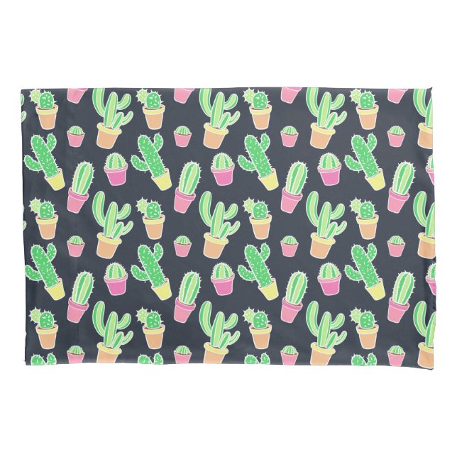 Neon Watercolor Cacti in Pots Pattern Pillowcase (Front-Left)