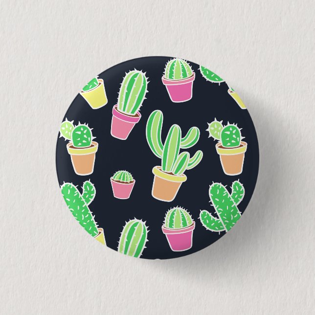 Neon Watercolor Cacti in Pots Pattern Pinback Button (Front)