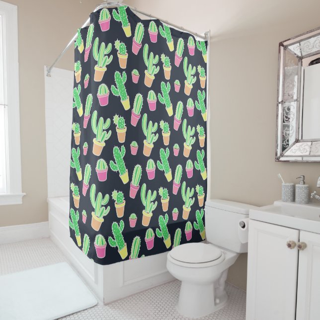 Neon Watercolor Cacti in Pots Pattern Shower Curtain (In Situ)