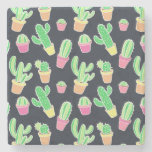 Neon Watercolor Cacti in Pots Pattern Stone Coaster