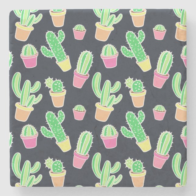 Neon Watercolor Cacti in Pots Pattern Stone Coaster (Front)