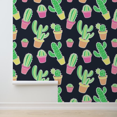 Neon Watercolor Cacti in Pots Pattern Wallpaper