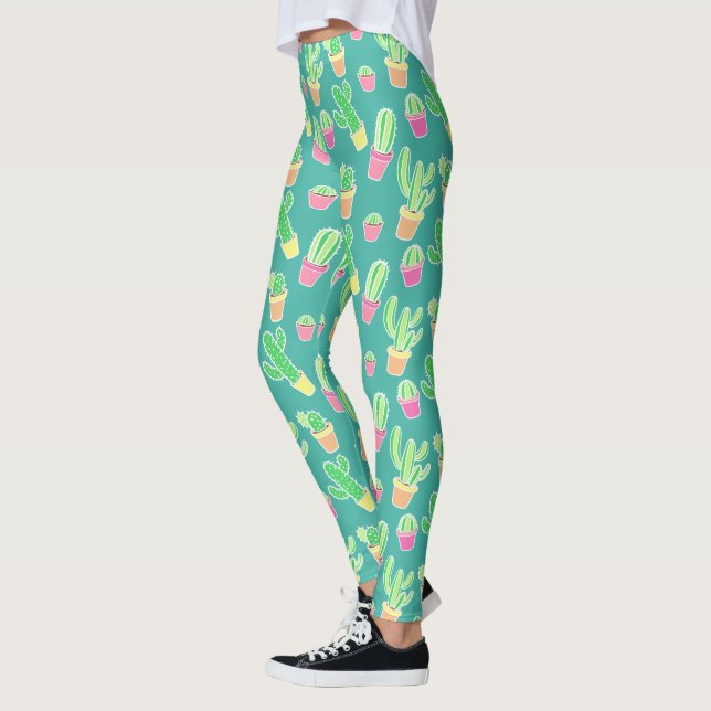 Neon Watercolor Cactus In Pots Pattern 2 Leggings (Left)