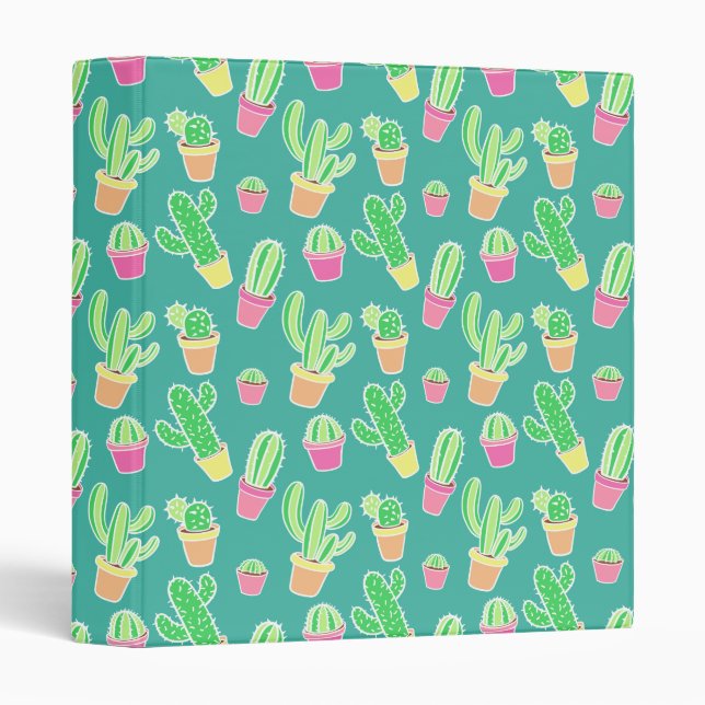 Neon Watercolor Cactus In Pots Pattern 3 Ring Binder (Front/Spine)