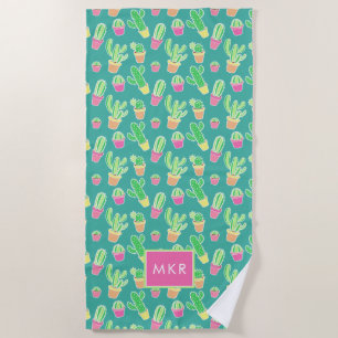 Neon Watercolor Cactus In Pots Pattern Beach Towel