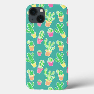 Neon Watercolor Cactus In Pots Pattern iPhone 13 Case