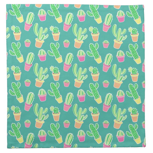 Neon Watercolor Cactus In Pots Pattern Cloth Napkin (Front)
