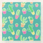 Neon Watercolor Cactus In Pots Pattern Glass Coaster