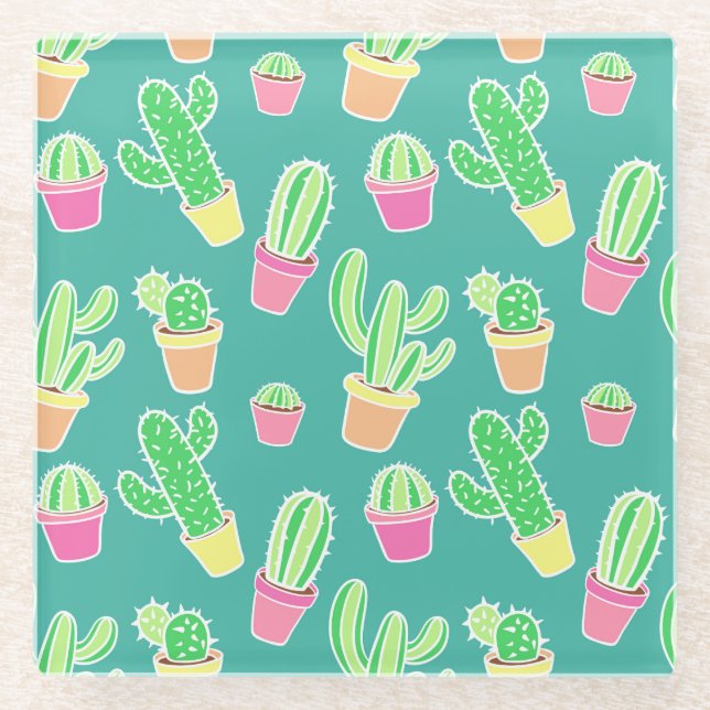Neon Watercolor Cactus In Pots Pattern Glass Coaster (Front)