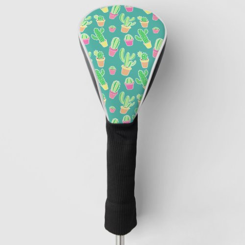 Neon Watercolor Cactus In Pots Pattern Golf Head Cover