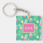 Neon Watercolor Cactus In Pots Pattern Keychain