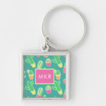 Neon Watercolor Cactus In Pots Pattern Keychain