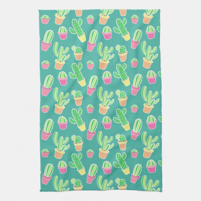 Neon Watercolor Cactus In Pots Pattern Kitchen Towel (Vertical)
