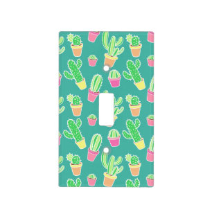 Neon Watercolor Cactus In Pots Pattern Light Switch Cover