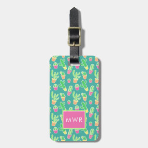 Neon Watercolor Cactus In Pots Pattern Luggage Tag