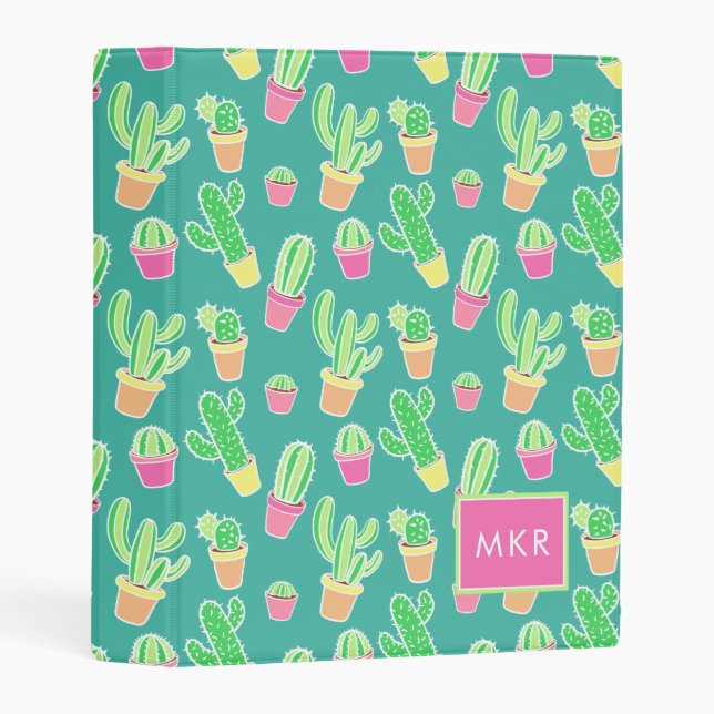 Neon Watercolor Cactus In Pots Pattern Mini Binder (Front/Spine)