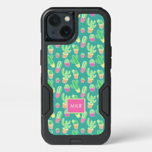 Neon Watercolor Cactus In Pots Pattern iPhone 13 Case