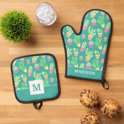 Neon Watercolor Cactus In Pots Pattern Oven Mitt  Pot Holder Set