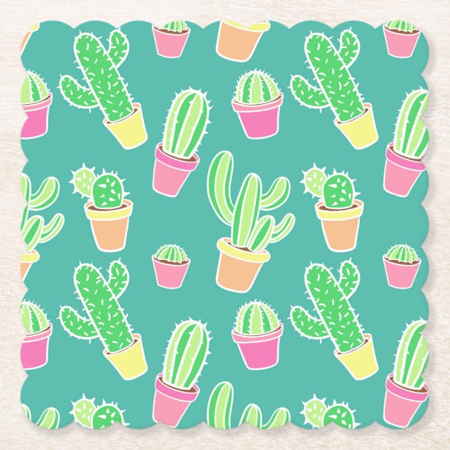 Neon Watercolor Cactus In Pots Pattern Paper Coaster (Front)