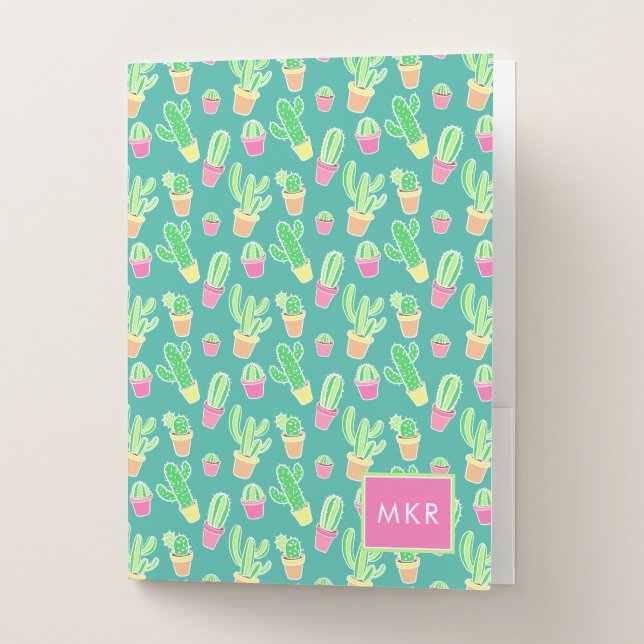 Neon Watercolor Cactus In Pots Pattern Pocket Folder (Front)