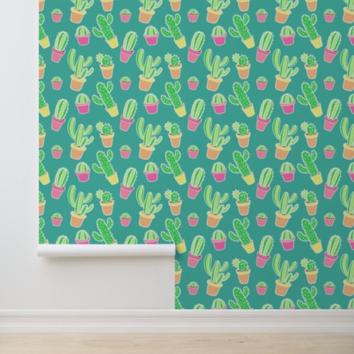 Neon Watercolor Cactus In Pots Pattern Wallpaper