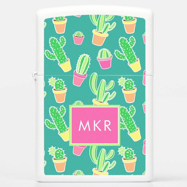 Neon Watercolor Cactus In Pots Pattern Zippo Lighter (Front)