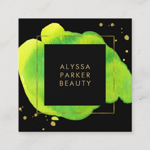 Neon Watercolor Splash on Black with Gold Square Business Card