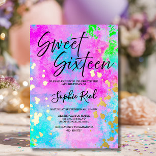 Neon Watercolor Sweet Sixteen Party Foil Invitation