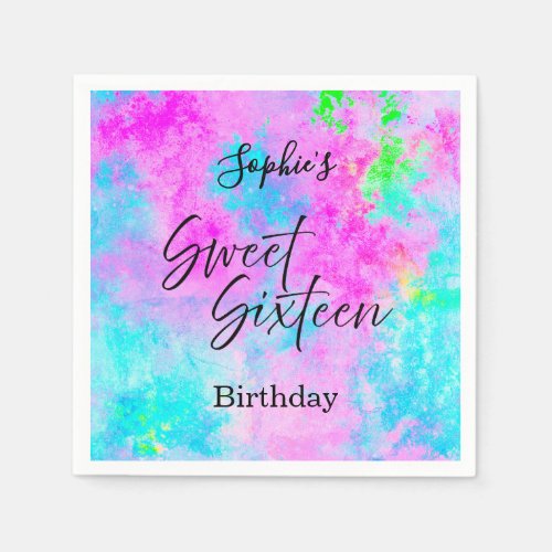 Neon Watercolor Sweet Sixteen Party Napkins