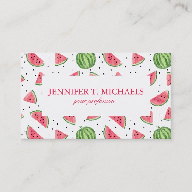 Neon Watercolor Watermelons Pattern Business Card (Front)