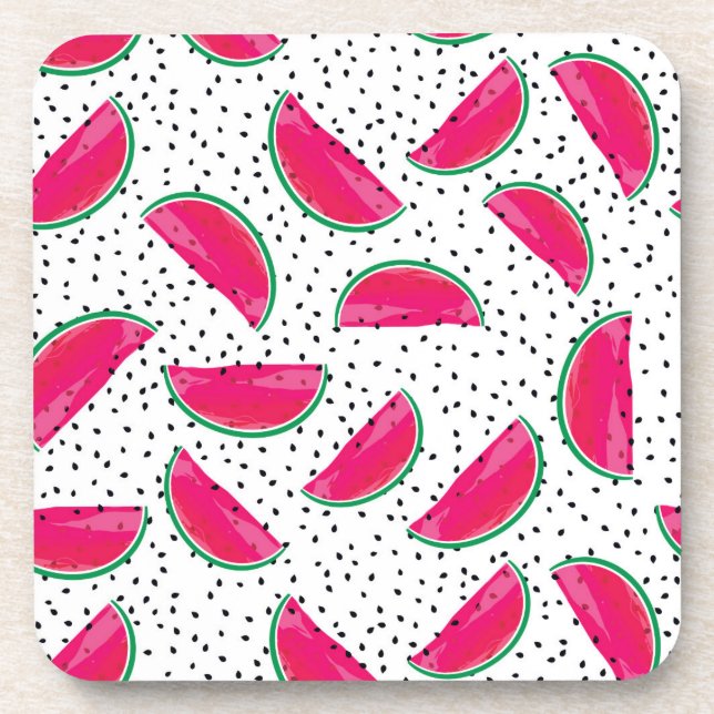 Neon Watermelon on Seeds Pattern Drink Coaster (Front)