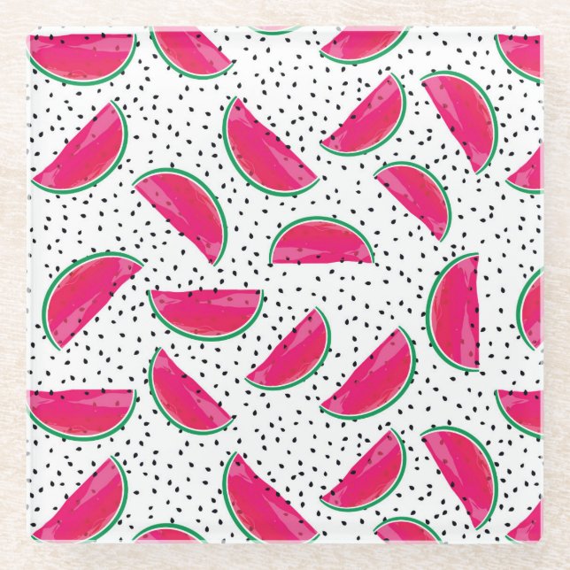 Neon Watermelon on Seeds Pattern Glass Coaster (Front)